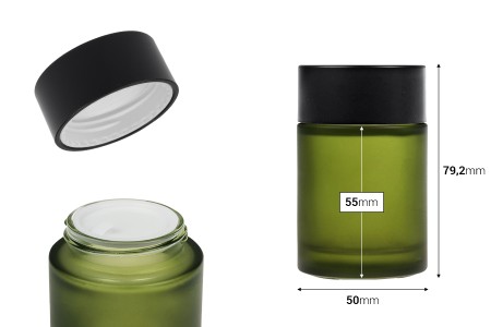 Staklena teglica 50 mL u mat zelenoj boji sa crnim zatvaračem (sa unutrašnjom zaptivkom) i plastičnim međupoklopcem-dimenzije_slike