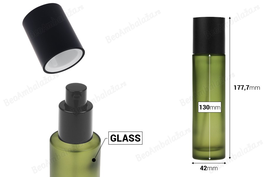 Staklena zelena mat bočica 100mL sa pumpicom za kreme i mat crnim poklopcem-dimenzije_slike