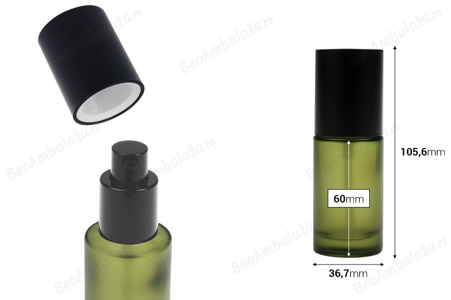 Staklena zelena mat bočica 30mL sa pumpicom za kreme i mat crnim poklopcem-dimenzije_slike
