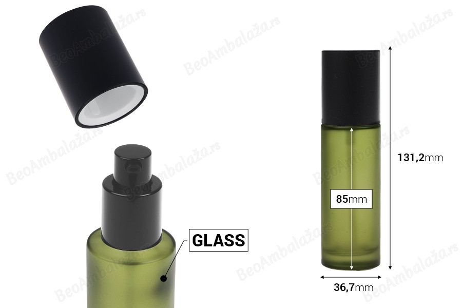 Staklena zelena mat bočica 50mL sa pumpicom za kreme i mat crnim poklopcem-dimenzije_slike