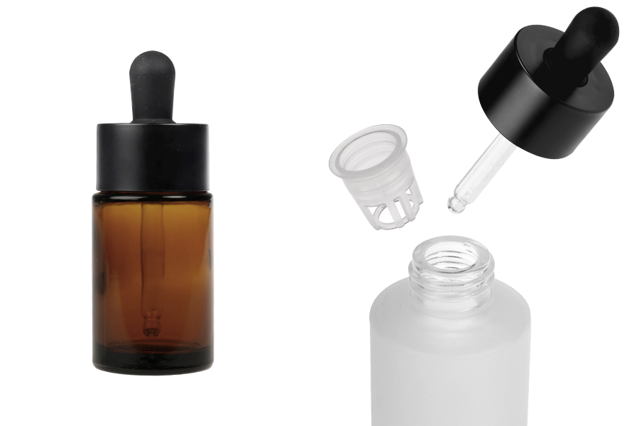 Staklena bočica od 30mL sa crnom mat pipetom i drenažnim elementom-slika_proizvoda