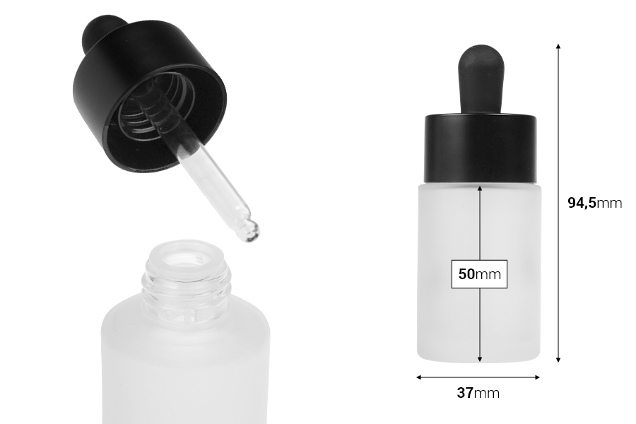 Staklena bočica od 30mL sa crnom mat pipetom i drenažnim elementom-dimenzije_slike