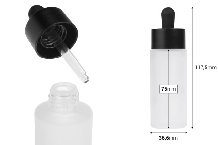 Staklena bočica od 50mL sa crnom mat pipetom i drenažnim elementom-dimenzije_slike
