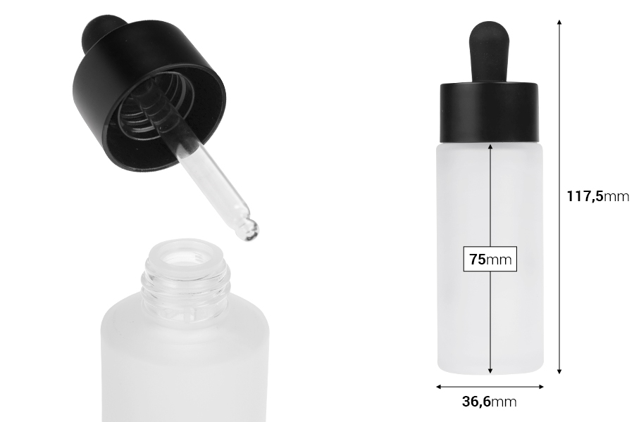 Staklena bočica od 50mL sa crnom mat pipetom i drenažnim elementom-dimenzije_slike