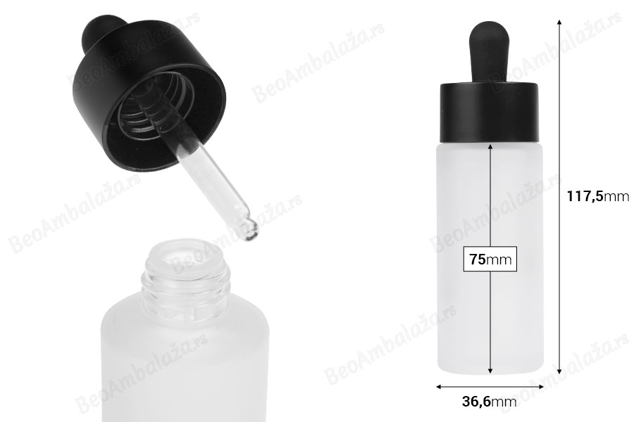 Staklena bočica od 50mL sa crnom mat pipetom i drenažnim elementom-dimenzije_slike