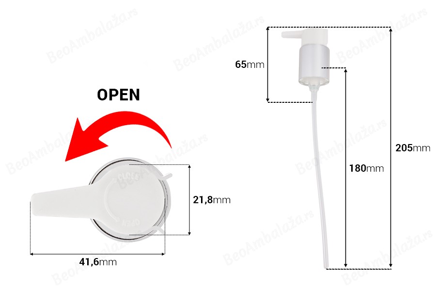 Plastična bela pumpica za kreme PP24/410 sa spoljnom oprugom i open-close sistemom-dimenzije_slike