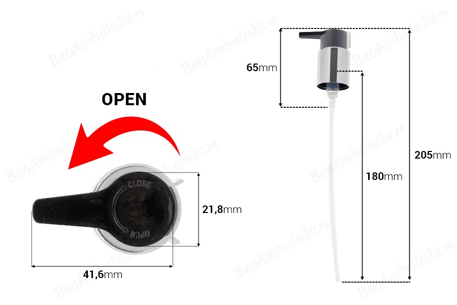 Plastična crna pumpica za kreme PP24/410 sa spoljnom oprugom i open-close sistemom-dimenzije_slike