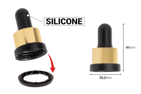 Set crnih plastičnih (sigurnosnih) prstenova sa zlatnim aluminijumskim premazom i crnom silikonskom cuclom za kapaljke i grliće flašice PP18 - 100 kom.-dimenzije_slike
