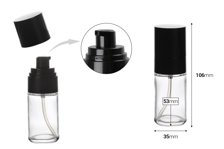Staklena okrugla bočica 30mL za kreme sa crnom plastičnom pumpicom i crnim zatvaračem (PP18) Staklena okrugla bočica 30mL za kreme sa crnom plastičnom pumpicom i crnim zatvaračem (PP18)