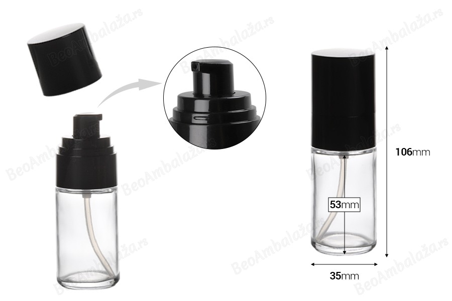 Staklena okrugla bočica 30mL za kreme sa crnom plastičnom pumpicom i crnim zatvaračem (PP18)-dimenzije_slike
