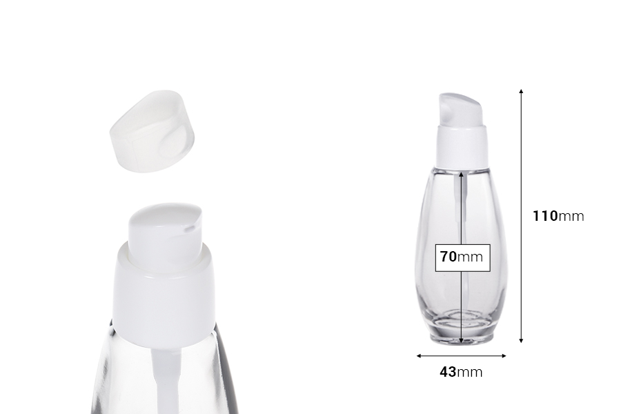 Staklena bočica 50mL sa belom plastičnom pumpicom PP18-dimenzije_slike
