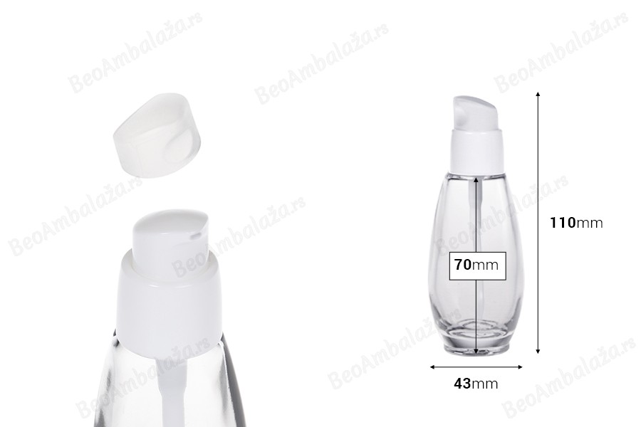 Staklena bočica 50mL sa belom plastičnom pumpicom PP18-dimenzije_slike