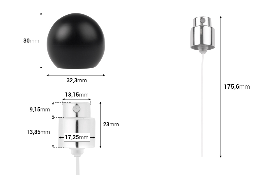 Sprej sa crnim mat okruglim (malim) poklopcem za parfemske bočice sa sigurnosnim Crimp zatvaranjem od 15 mm-dimenzije_slike