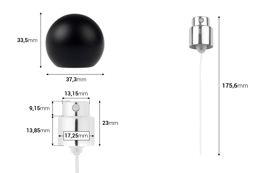 Sprej sa crnim mat okruglim (velikim) poklopcem za parfemske bočice sa sigurnosnim Crimp zatvaranjem od 15 mm-dimenzije_slike