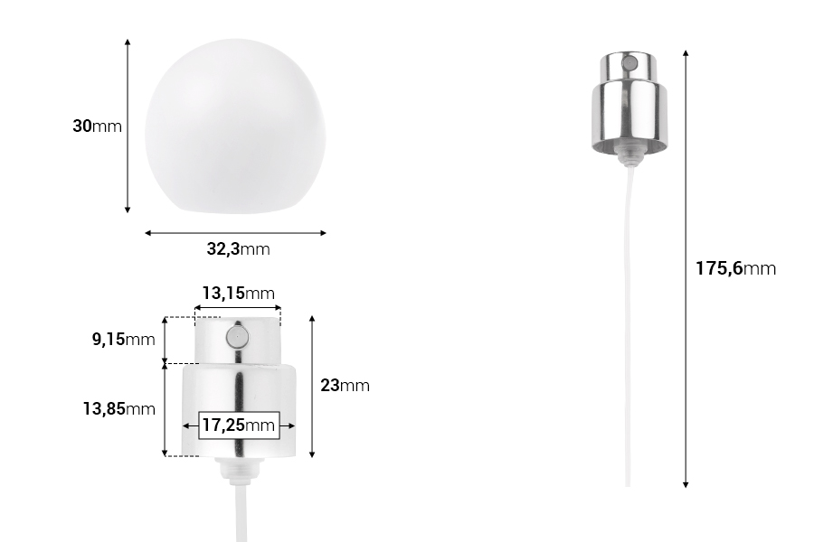 Sprej sa belim mat okruglim (malim) poklopcem za parfemske bočice sa sigurnosnim Crimp zatvaranjem od 15 mm-dimenzije_slike