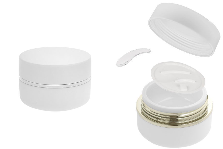 Plastična (PP) kutijica 30mL za kreme u beloj MAT boji sa belim MAT poklopcem, spatulom i plastičnim međupoklopcem Plastična (PP) kutijica 30mL za kreme u beloj MAT boji sa belim MAT poklopcem, spatulom i plastičnim međupoklopcem