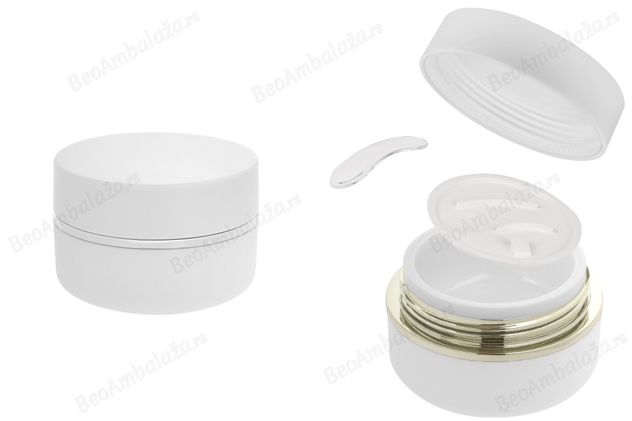 Plastična (PP) kutijica 30mL za kreme u beloj MAT boji sa belim MAT poklopcem, spatulom i plastičnim međupoklopcem-slika_proizvoda