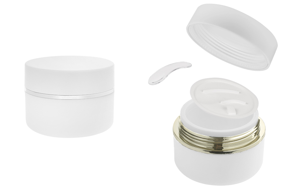 Plastična (PP) kutijica 50mL za kreme u beloj MAT boji sa belim MAT poklopcem, spatulom i plastičnim međupoklopcem Plastična (PP) kutijica 50mL za kreme u beloj MAT boji sa belim MAT poklopcem, spatulom i plastičnim međupoklopcem