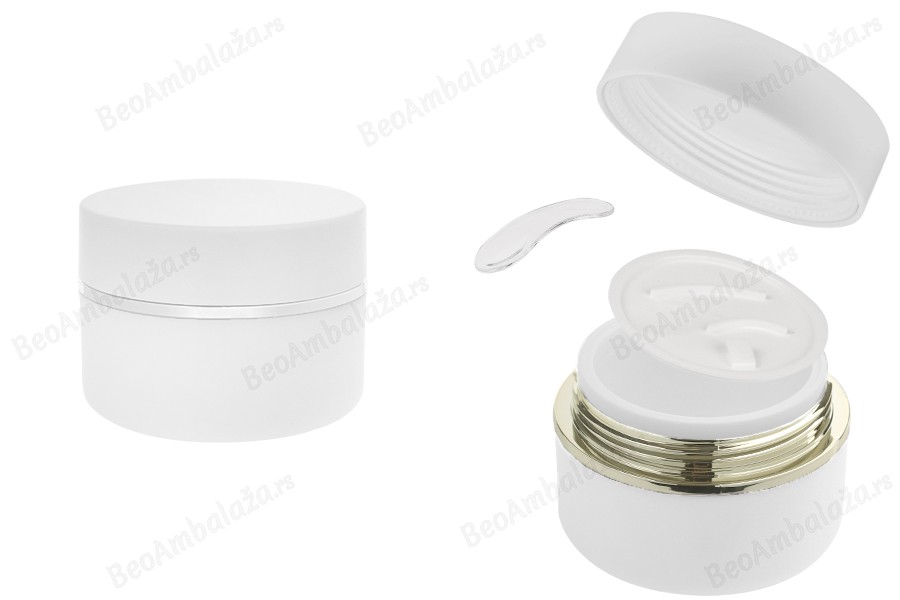 Plastična (PP) kutijica 50mL za kreme u beloj MAT boji sa belim MAT poklopcem, spatulom i plastičnim međupoklopcem-slika_proizvoda