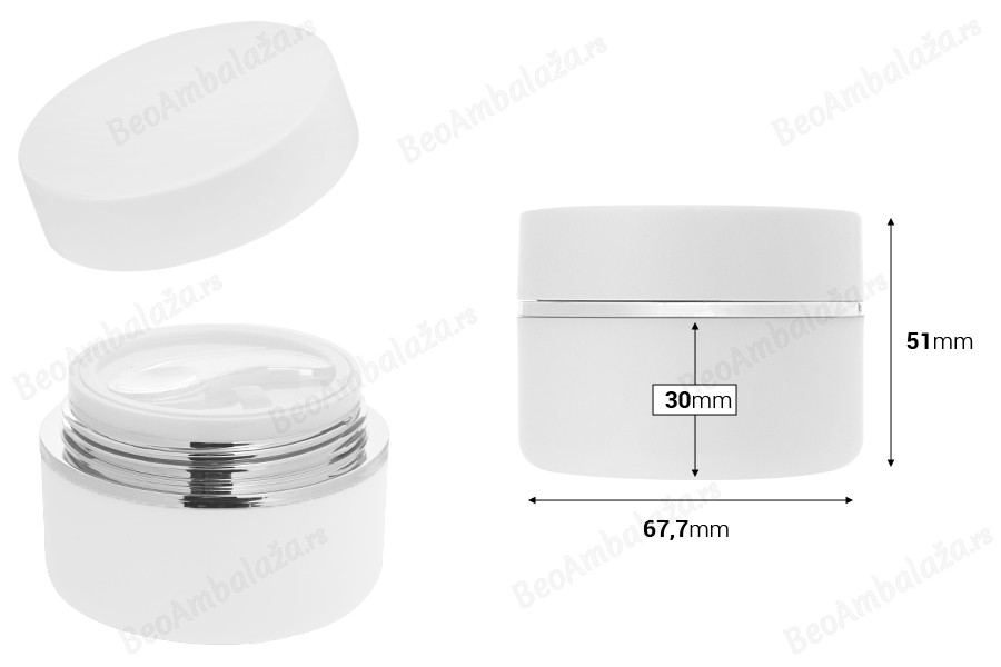 Plastična (PP) kutijica 50mL za kreme u beloj MAT boji sa belim MAT poklopcem, spatulom i plastičnim međupoklopcem-dimenzije_slike
