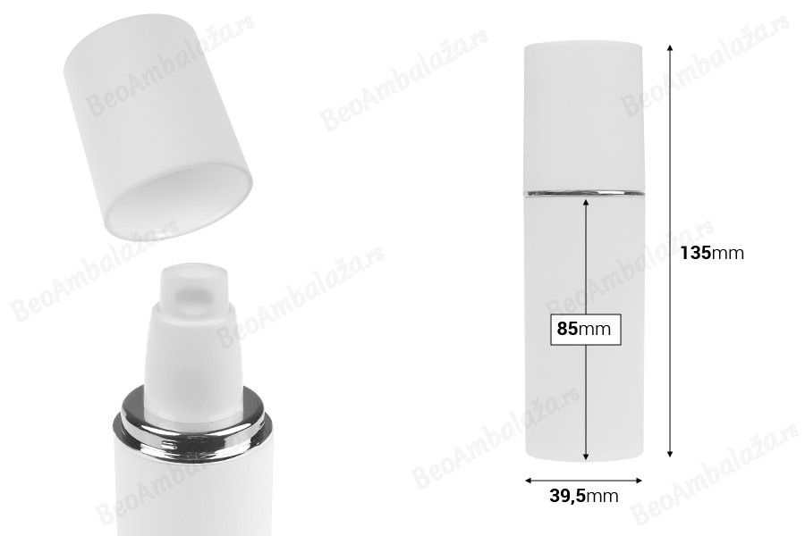 Bela MAT bočica od 50mL sa srebrnom ili zlatnom linijom, sa pumpicom za kreme i belim MAT zatvaračem-dimenzije_slike