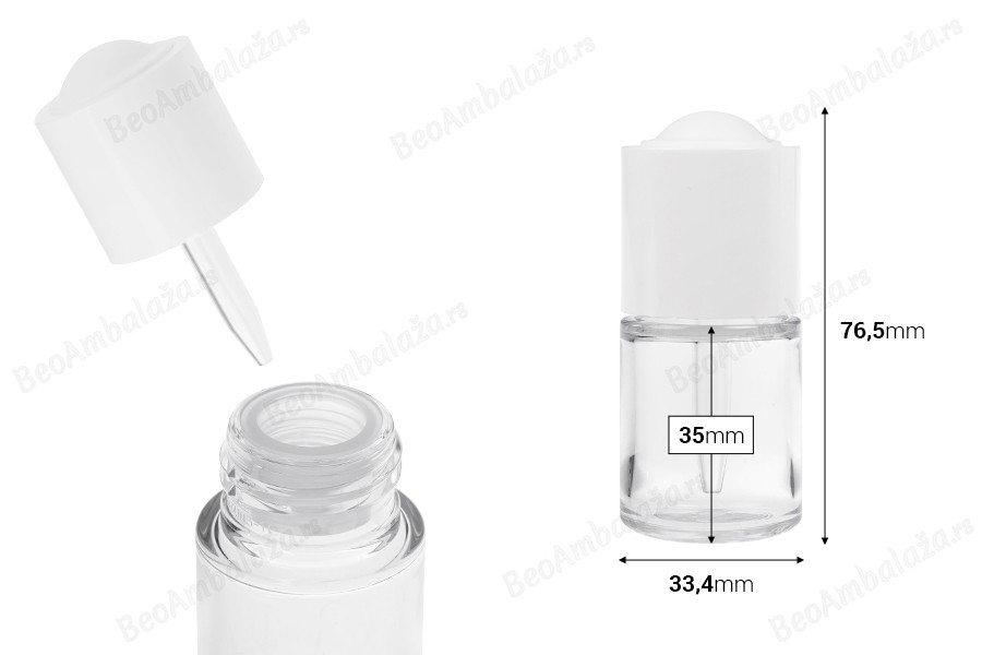 Plastična (PETG) bočica od 20 mL sa belom pipetom sa dugmetom i drenažnim elementom-dimenzije_slike