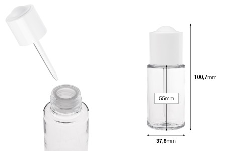 Plastična (PETG) bočica od 50 mL sa belom pipetom sa dugmetom i drenažnim elementom-dimenzije_slike