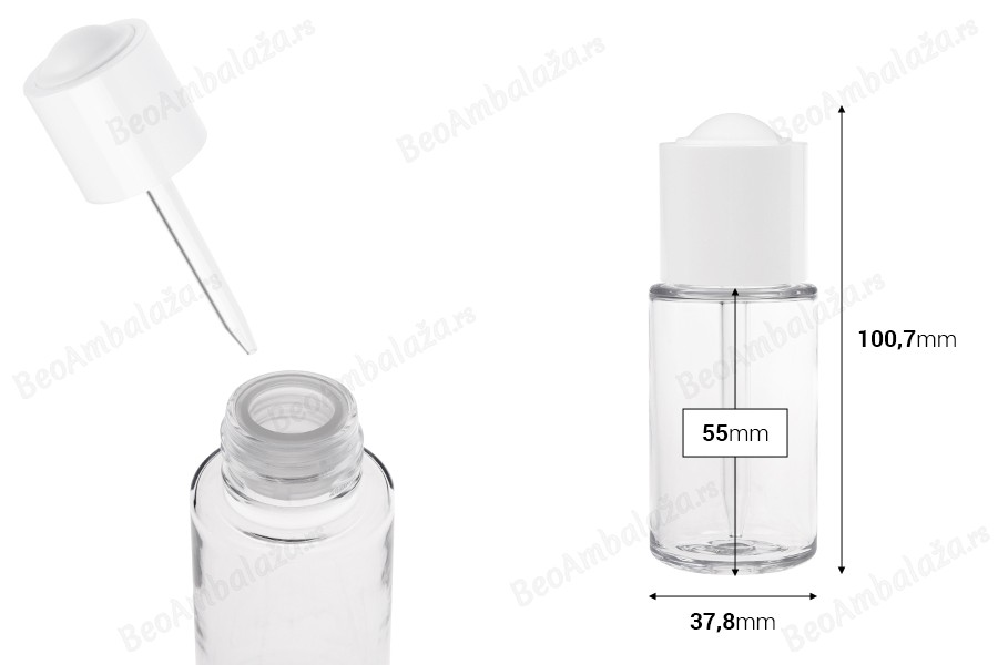 Plastična (PETG) bočica od 50 mL sa belom pipetom sa dugmetom i drenažnim elementom-dimenzije_slike