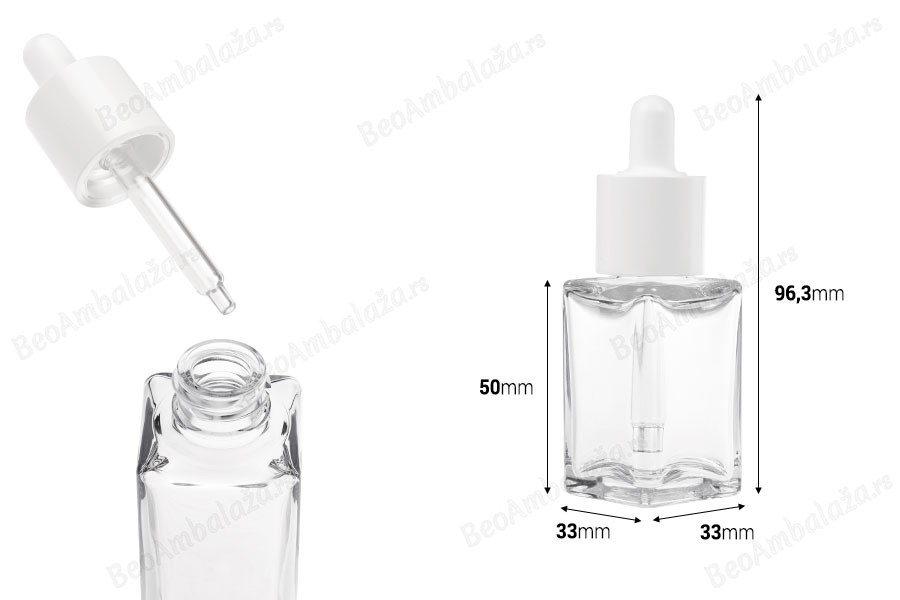 Plastična (PETG) četvrtasta providna bočica od 30mL sa belom pipetom-dimenzije_slike