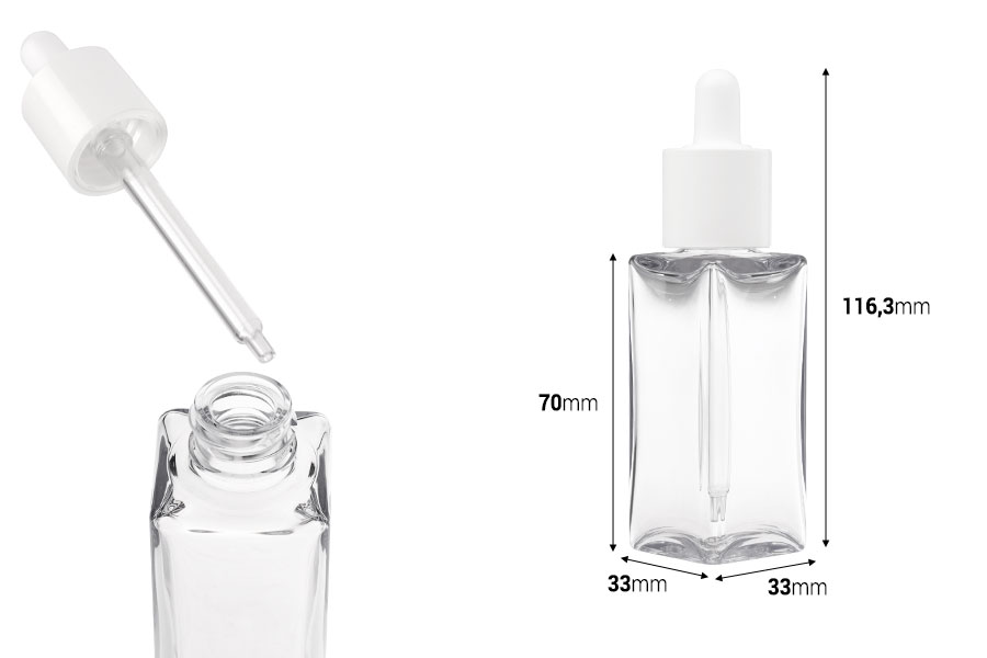 Plastična (PETG) četvrtasta providna bočica od 50mL sa belom pipetom-dimenzije_slike