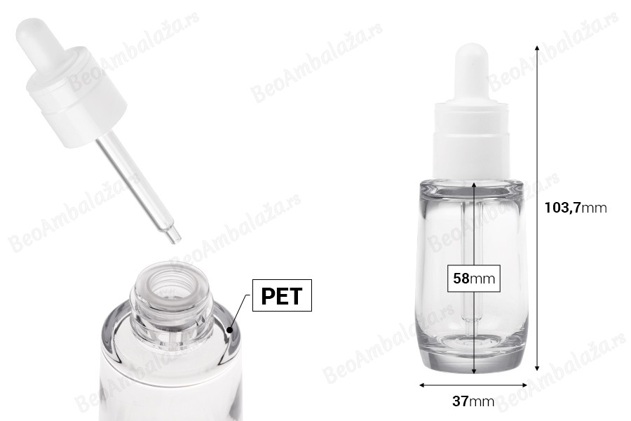 Plastična (PETG) providna bočica od 30 mL cilindričnog oblika sa belom pipetom-dimenzije_slike
