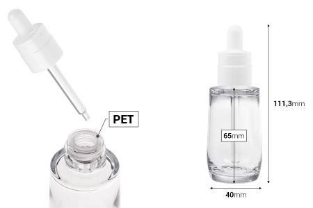 Plastična (PETG) providna bočica od 50 mL cilindričnog oblika sa belom pipetom-dimenzije_slike