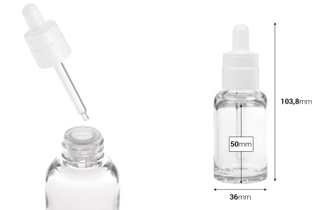 Providna plastična (PETG) bočica cilindričnog oblika od 30 mL sa belom pipetom-dimenzije_slike