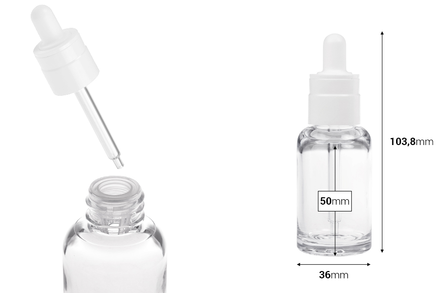 Providna plastična (PETG) bočica cilindričnog oblika od 30 mL sa belom pipetom-dimenzije_slike