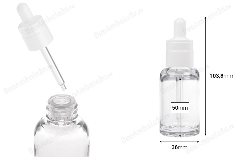 Providna plastična (PETG) bočica cilindričnog oblika od 30 mL sa belom pipetom-dimenzije_slike