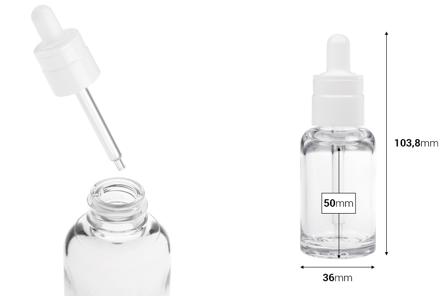 Providna plastična (PETG) bočica cilindričnog oblika od 30 mL sa belom pipetom-dimenzije_slike