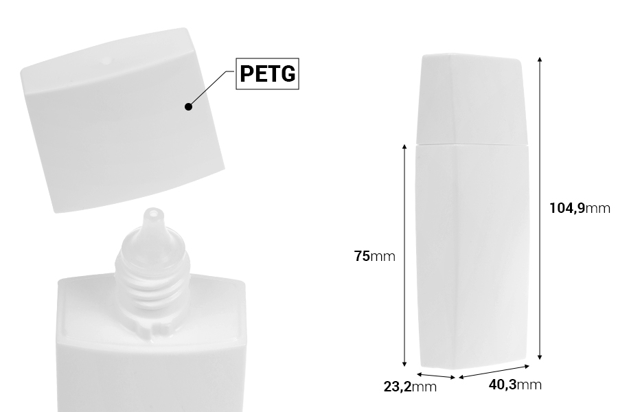 Plastična (PETG) bočica 50 mL bele boje sa zatvaračem i grlom za tečnu kozmetiku-dimenzije_slike