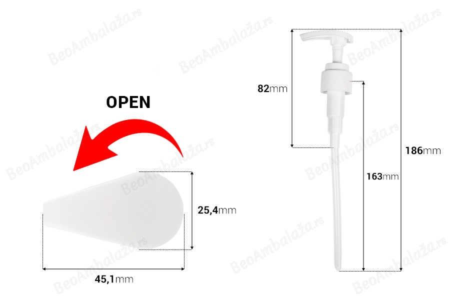 Plastična bela pumpica 24/410 sa zaštitnim mehanizmom-dimenzije_slike