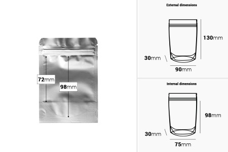Aluminijumske DoyPack kesice sa zip zatvaranjem, ovalnim dnom i sa mogućnošću termo lepljenja 90x30x130 mm - 100 kom-dimenzije_slike