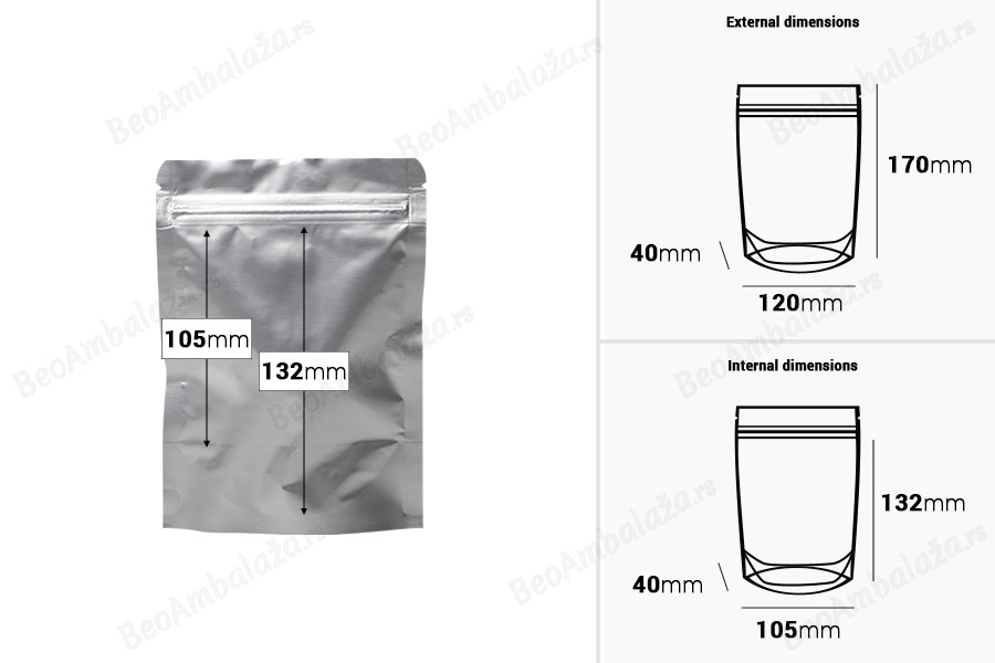 Aluminijumske DoyPack kesice sa zip zatvaranjem, ovalnim dnom i sa mogućnošću termo lepljenja 120x40x170mm - 100kom-dimenzije_slike