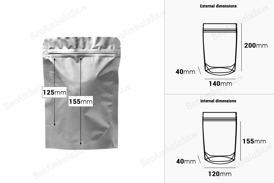 Aluminijumske DoyPack kesice sa zip zatvaranjem, ovalnim dnom i sa mogućnošću termo lepljenja 140x40x200mm - 100kom-dimenzije_slike