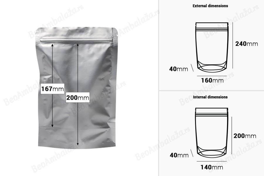Aluminijumske DoyPack kesice sa zip zatvaranjem, ovalnim dnom i sa mogućnošću termo lepljenja 160x40x240mm - 100kom-dimenzije_slike