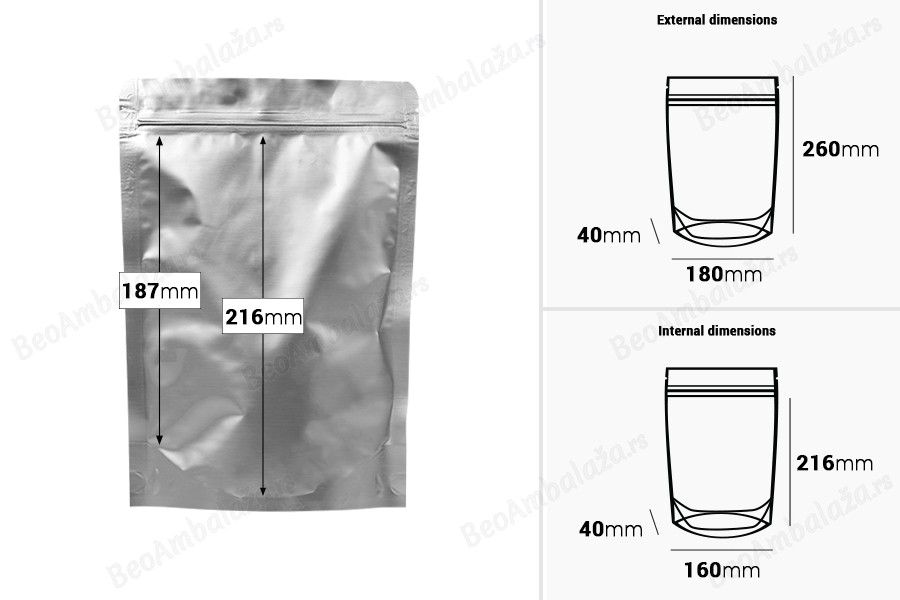 Aluminijumske DoyPack kesice sa zip zatvaranjem, ovalnim dnom i sa mogućnošću termo lepljenja 180x40x260mm - 100kom-dimenzije_slike