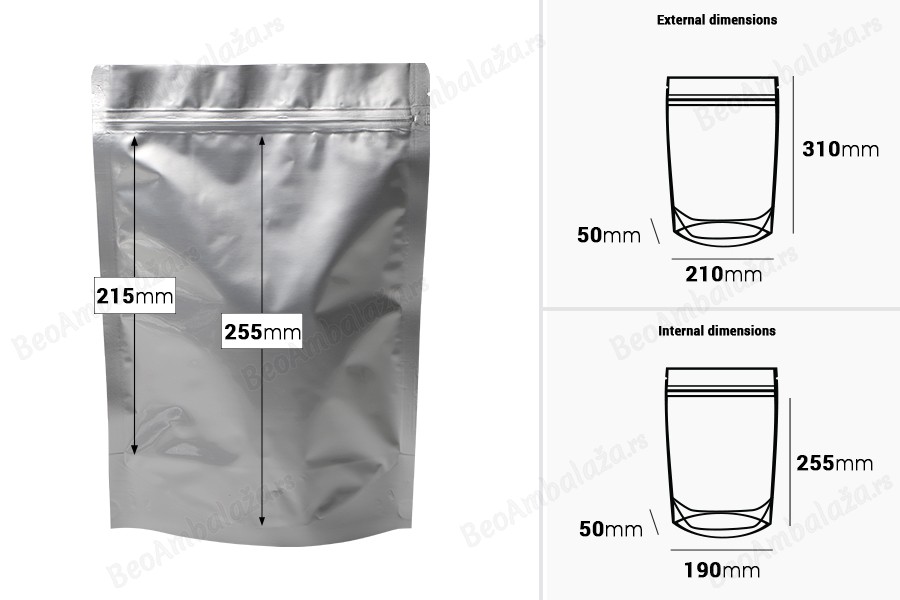 Aluminijumske DoyPack kesice sa zip zatvaranjem, ovalnim dnom i sa mogućnošću termo lepljenja 210x50x310mm - 100kom-dimenzije_slike