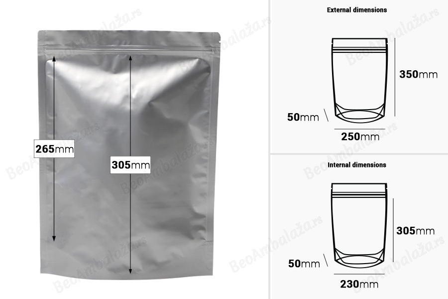 Aluminijumske DoyPack kesice sa zip zatvaranjem, ovalnim dnom i sa mogućnošću termo lepljenja 250x50x350mm - 100kom-dimenzije_slike