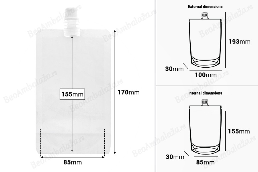 Providna DoyPack kesica za tečnost od 250ml sa belim plastičnim zatvaračem – 50 kom-dimenzije_slike