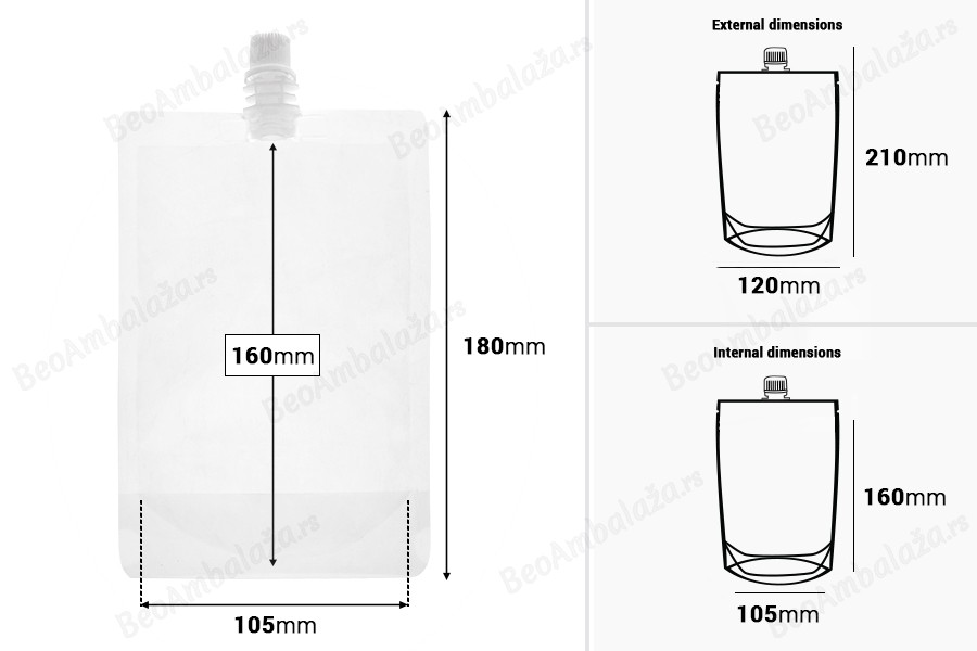 Providna DoyPack kesica za tečnost od 380ml sa belim plastičnim zatvaračem – 50 kom-dimenzije_slike