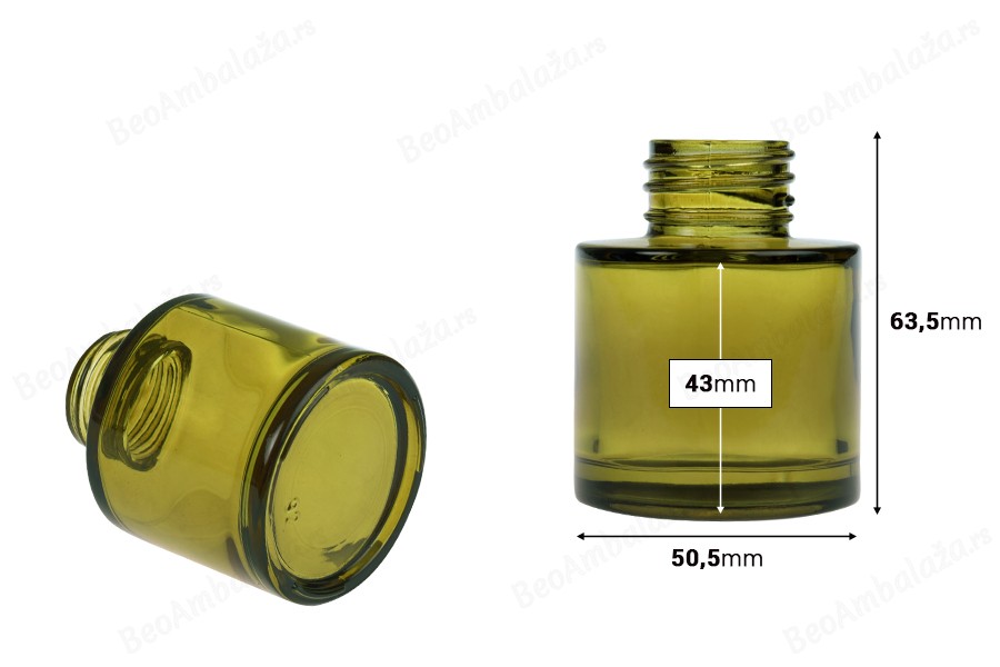Cilindrična staklena bočica od 50 mL u karamel ili maslinastoj boji, pogodna za osveživač prostora-dimenzije_slike