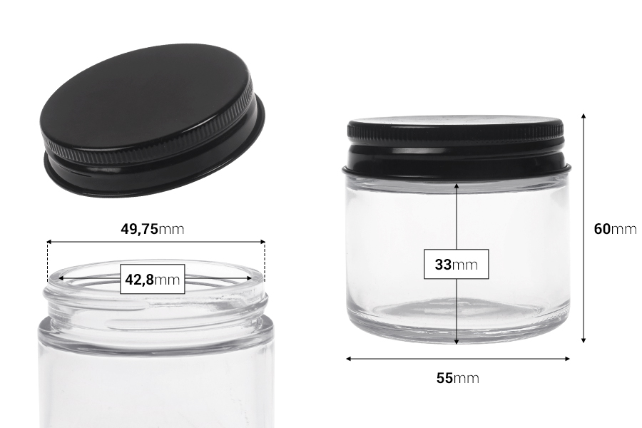 Providna staklena teglica od 60 mL sa crnim aluminijumskim zatvaračem i unutrašnjom zaptivkom