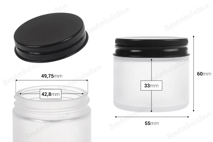 Staklena teglica od peskiranog stakla 60 mL sa crnim aluminijumskim zatvaračem i unutrašnjom zaptivkom-dimenzije_slike